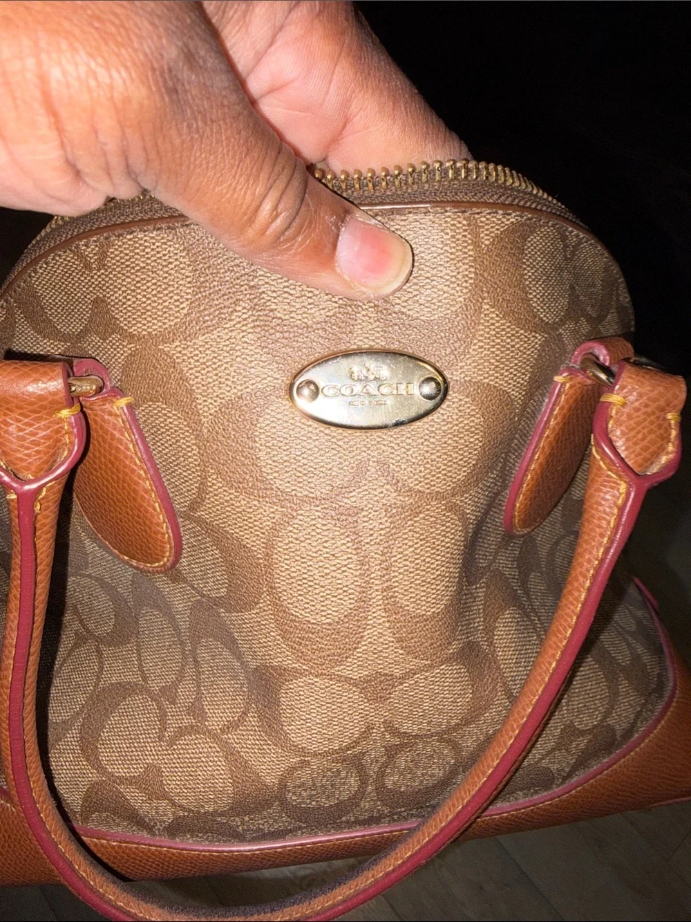 Coach Brown/Tan Signature Dome Satchel with Gold Plaque